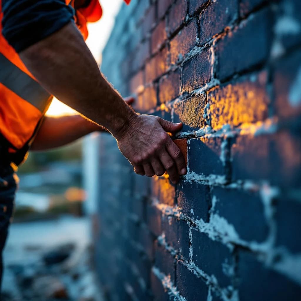 Maçon posant des briques sur un chantier de construction, illustrant les travaux couverts par la garantie décennale